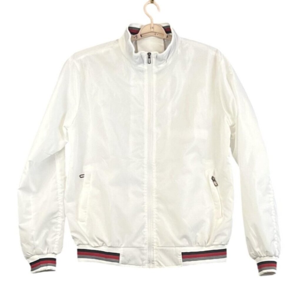 Bomber Jacket Mens XL White Striped Rib Trim Full Zip Pockets Lightweight Casual